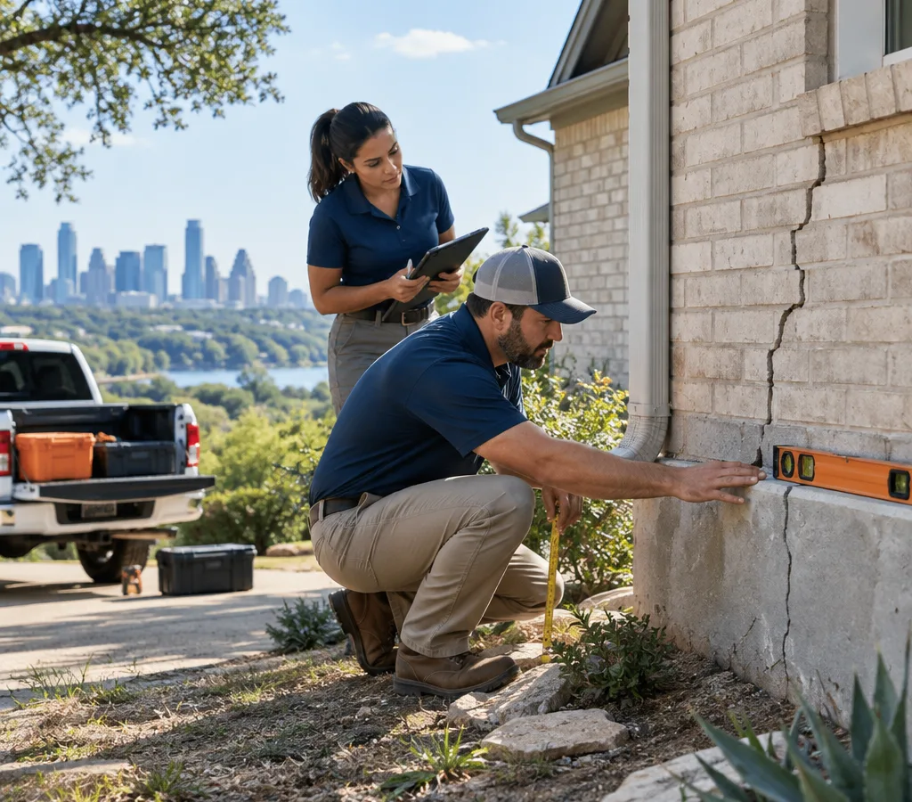 Technicians evaluating a residential slab foundation in Austin near exterior brick cracks