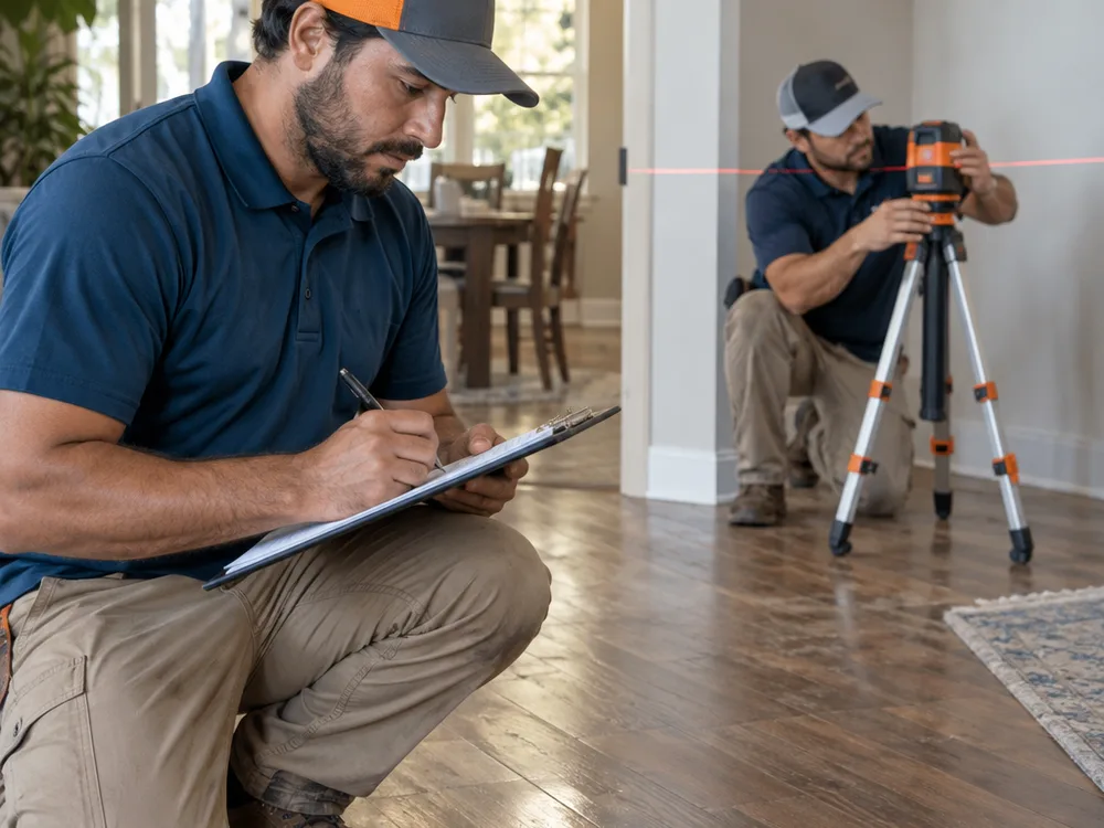 Technician recording a foundation elevation check while using a laser level