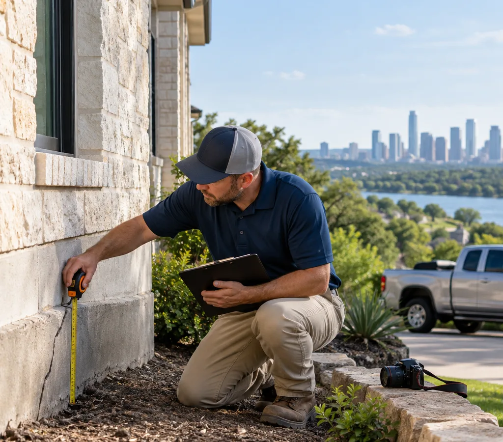 Inspector measuring a visible slab-edge crack and documenting conditions at an Austin-area home