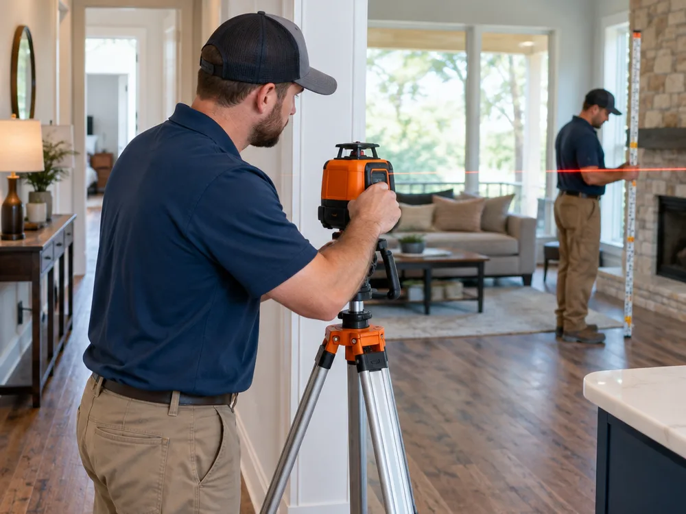 Inspector taking floor elevation readings with a rotary laser level inside an Austin home
