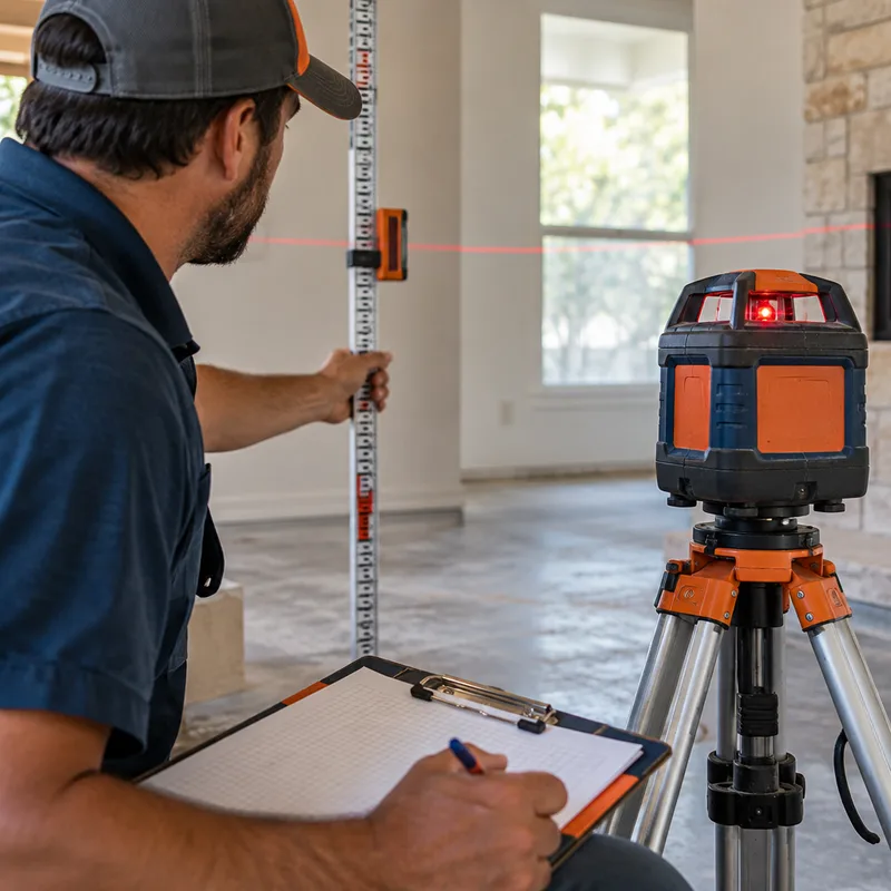 Technician taking interior elevation readings with a rotary laser level, grade rod, and measurement notes