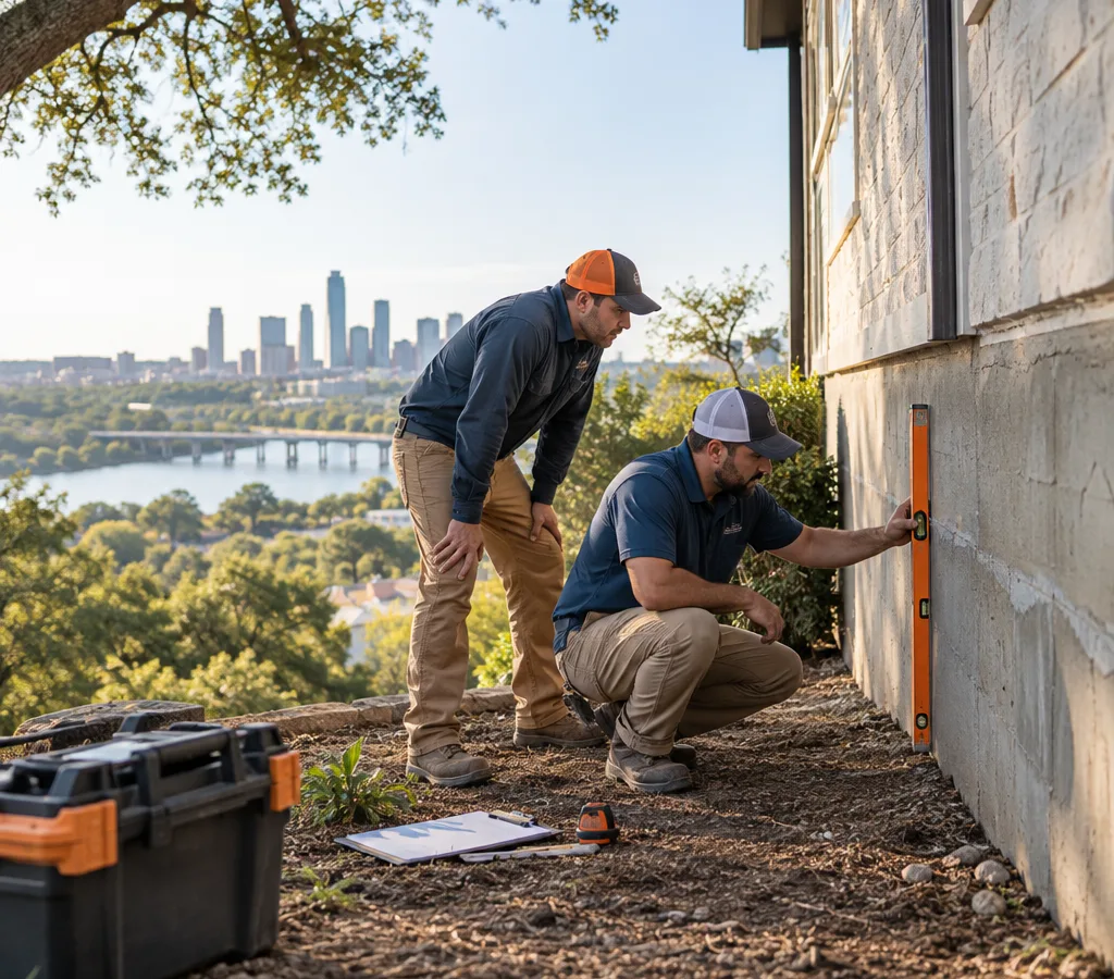 Foundation repair crew inspecting a residential slab foundation in Austin, Texas with measurement and level equipment