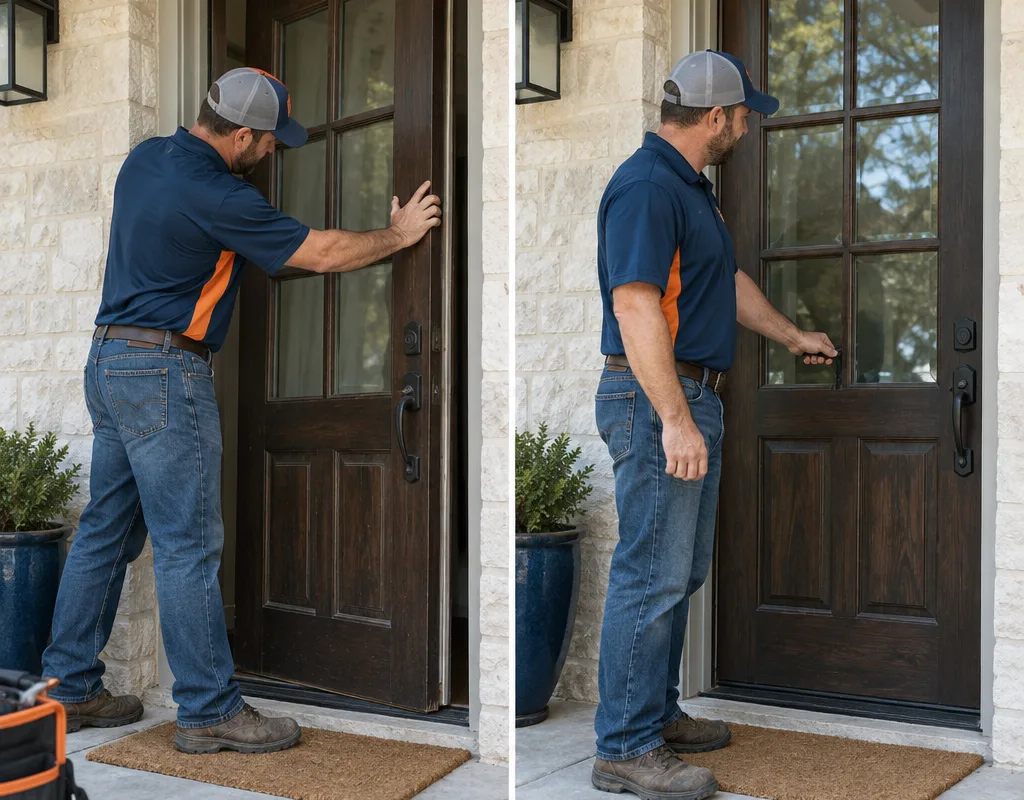 Before-and-after view of a sticking exterior door aligned after foundation stabilization