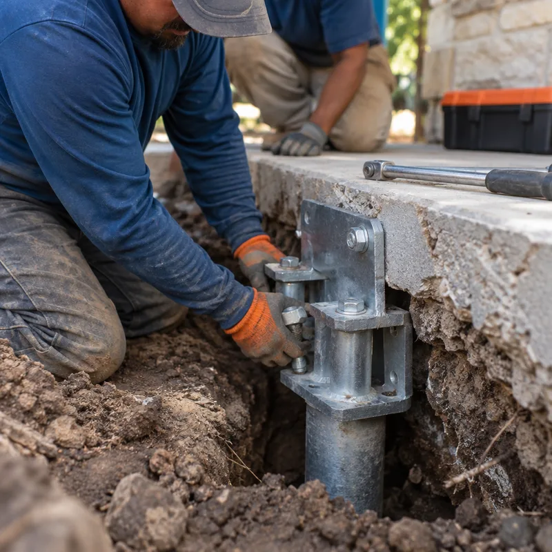 Foundation repair crew installing a steel pier bracket at a slab edge