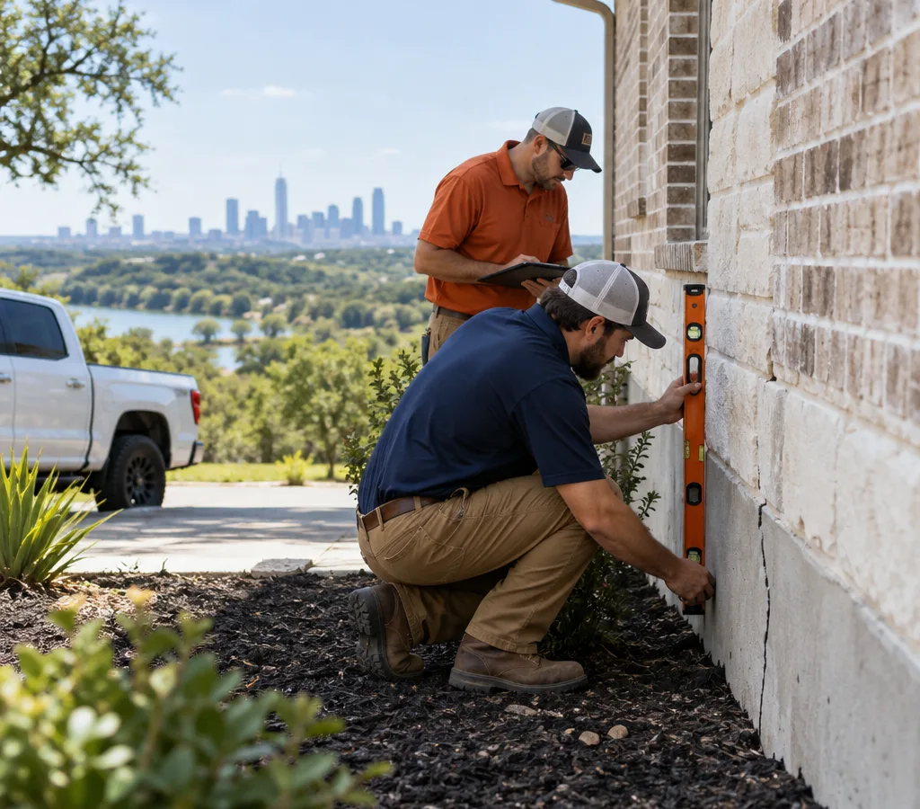 Technicians inspecting a Central Texas slab foundation with a level and measuring tools