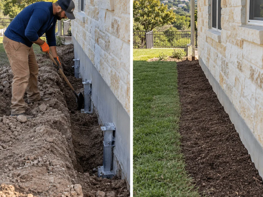 Restored exterior perimeter after pier installation with completed backfill and cleanup