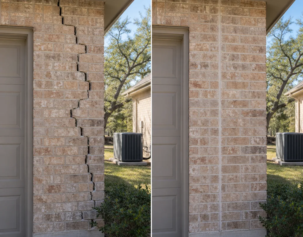 Before-and-after view of a stabilized and repaired stair-step brick crack