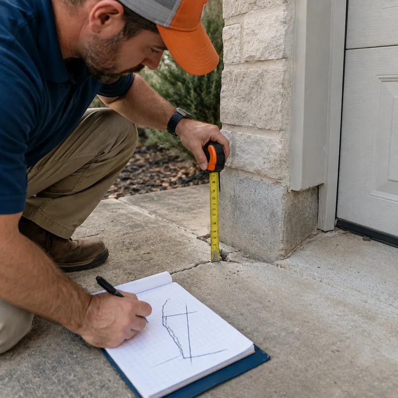 Tape measure documenting the width of a slab crack near a garage corner