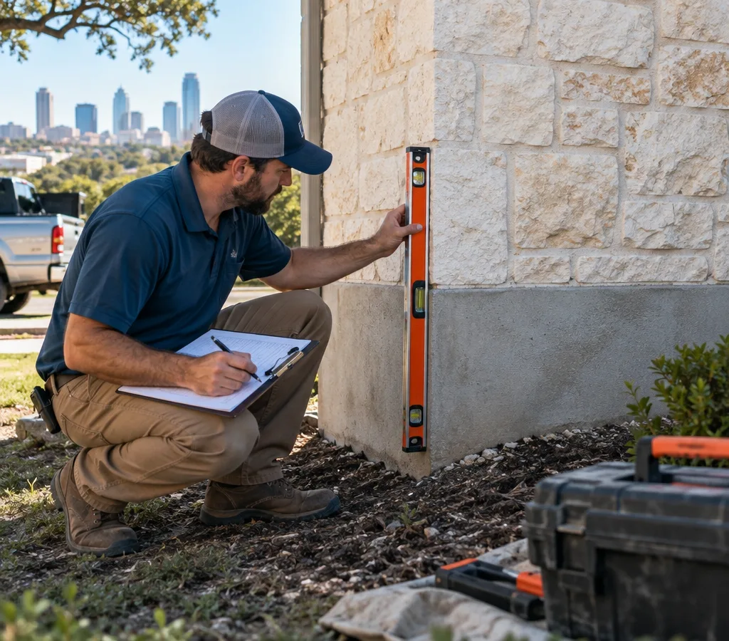 Technician measuring foundation elevation at an Austin home with a written cost breakdown