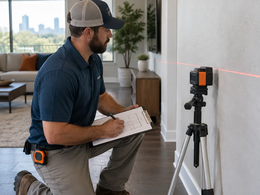 Technician performing interior elevation checks with a laser level