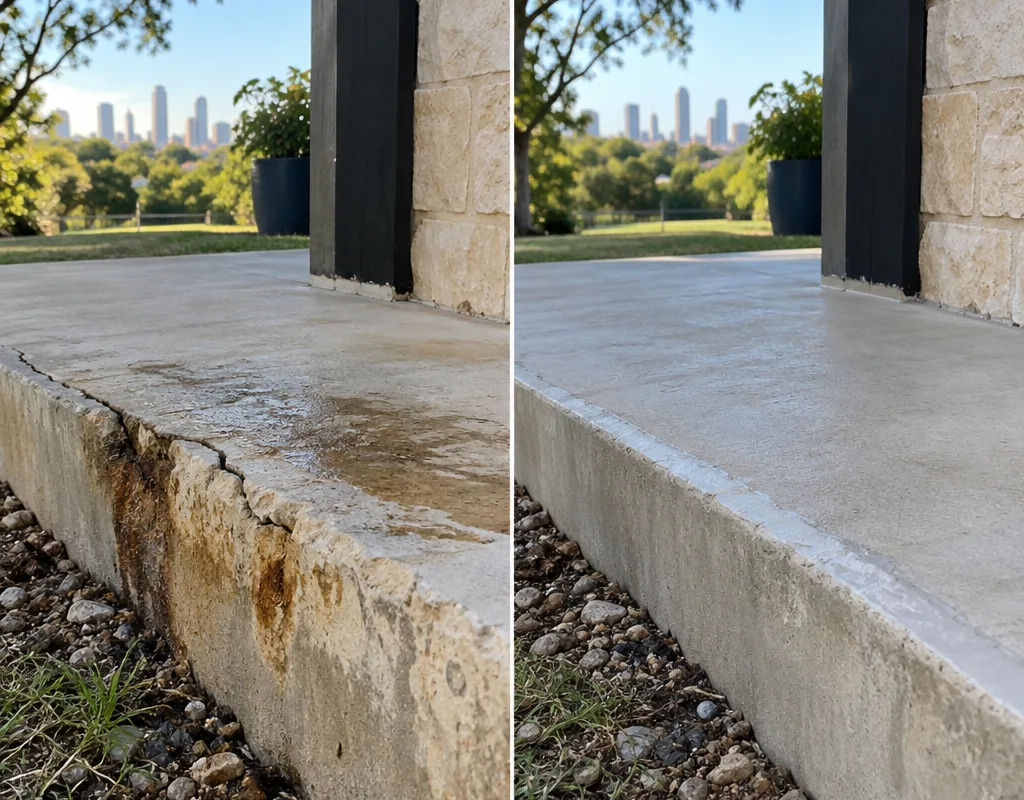 Before-and-after view of a stained cracked slab edge cleaned, sealed, and neatly finished