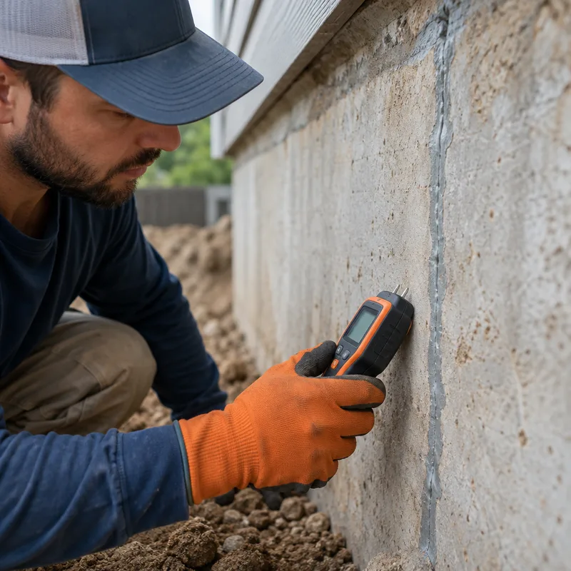 Close-up of a uniformly sealed foundation wall crack with a moisture meter used to verify conditions