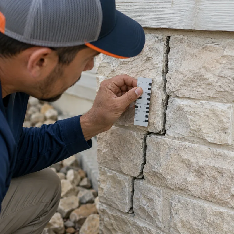 Close-up of a stair-step masonry crack documented with a crack gauge and measurement scale