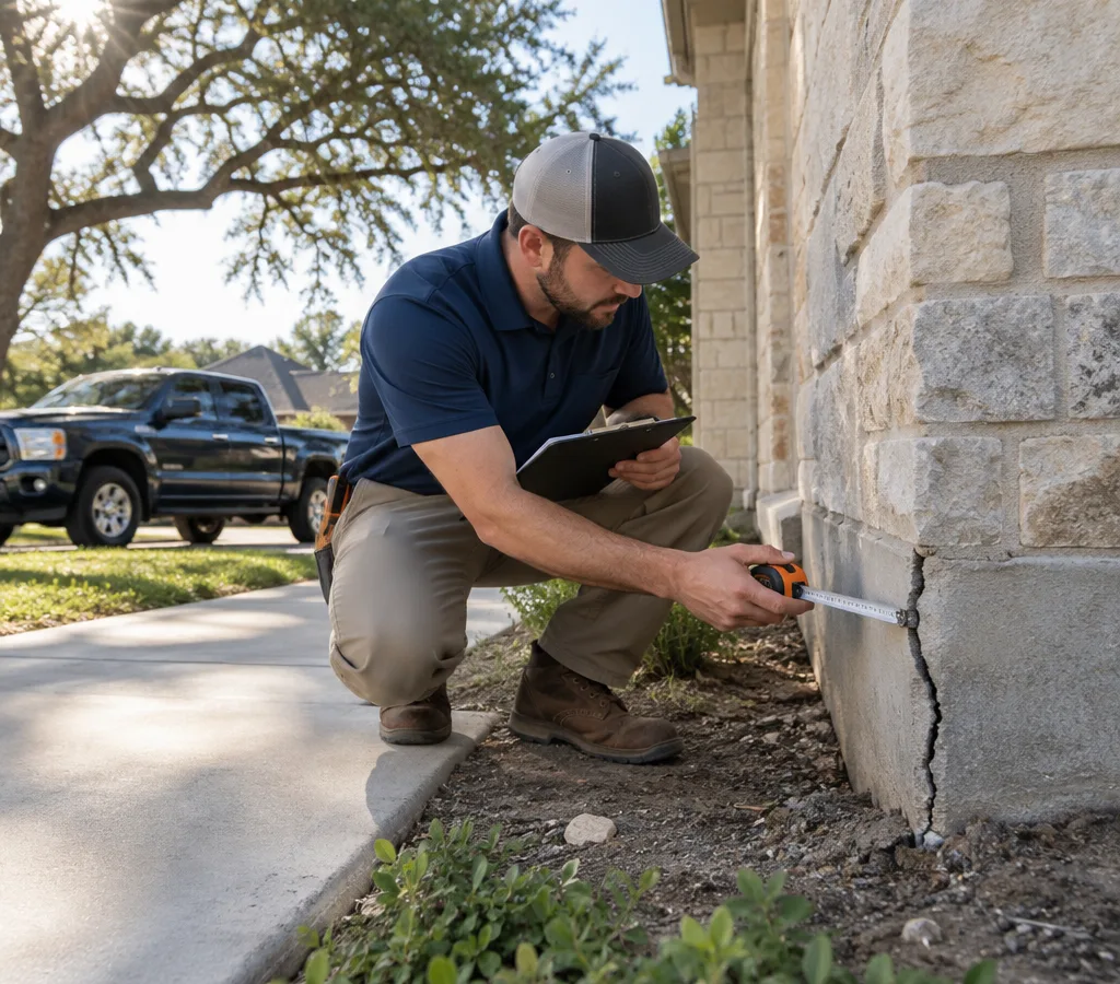 Technician inspecting a visible foundation crack at the exterior slab edge of an Austin-area home with measuring tools and notes