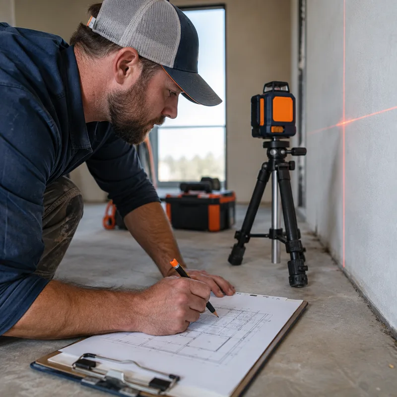 Technician using leveling equipment and marking foundation elevation measurement points