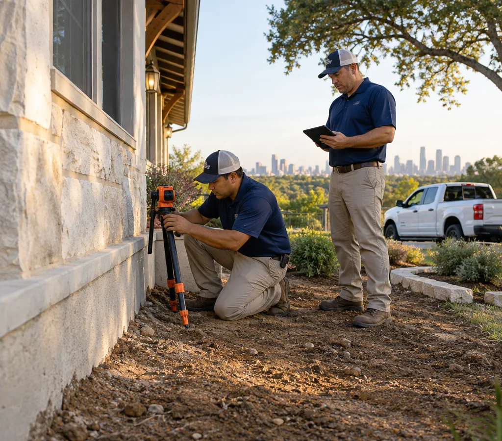 Technicians setting up leveling equipment beside a Central Texas home with a visible slab edge