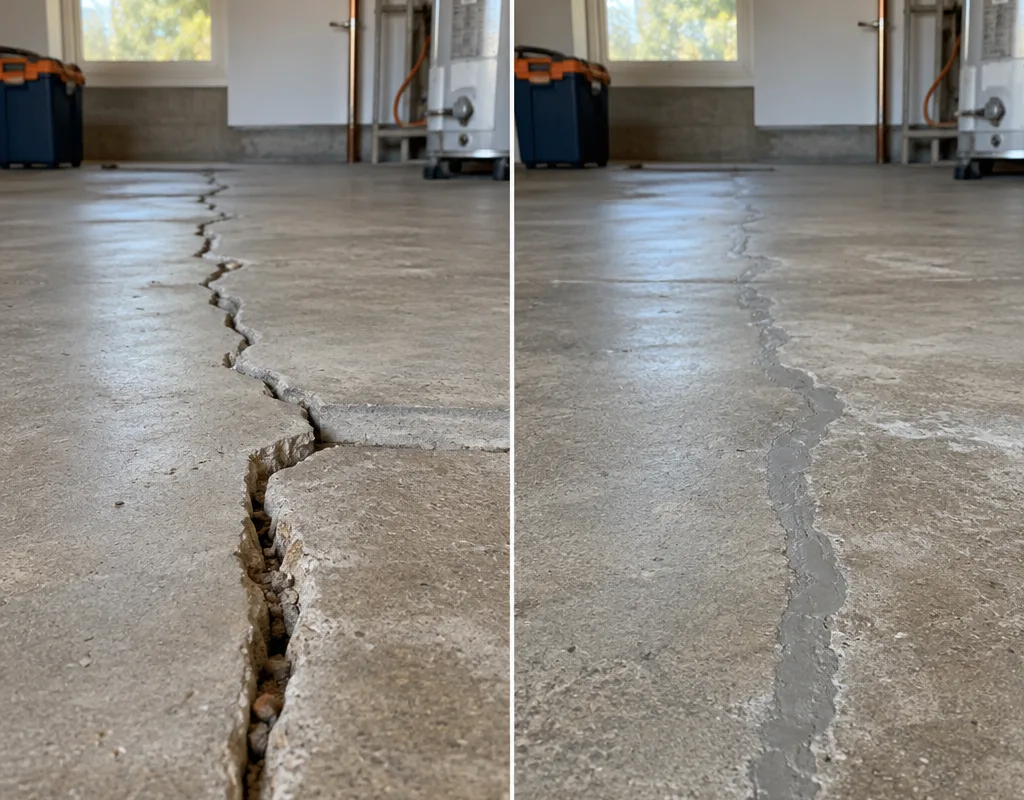 Before-and-after comparison of an offset interior slab crack after stabilization and professional crack repair