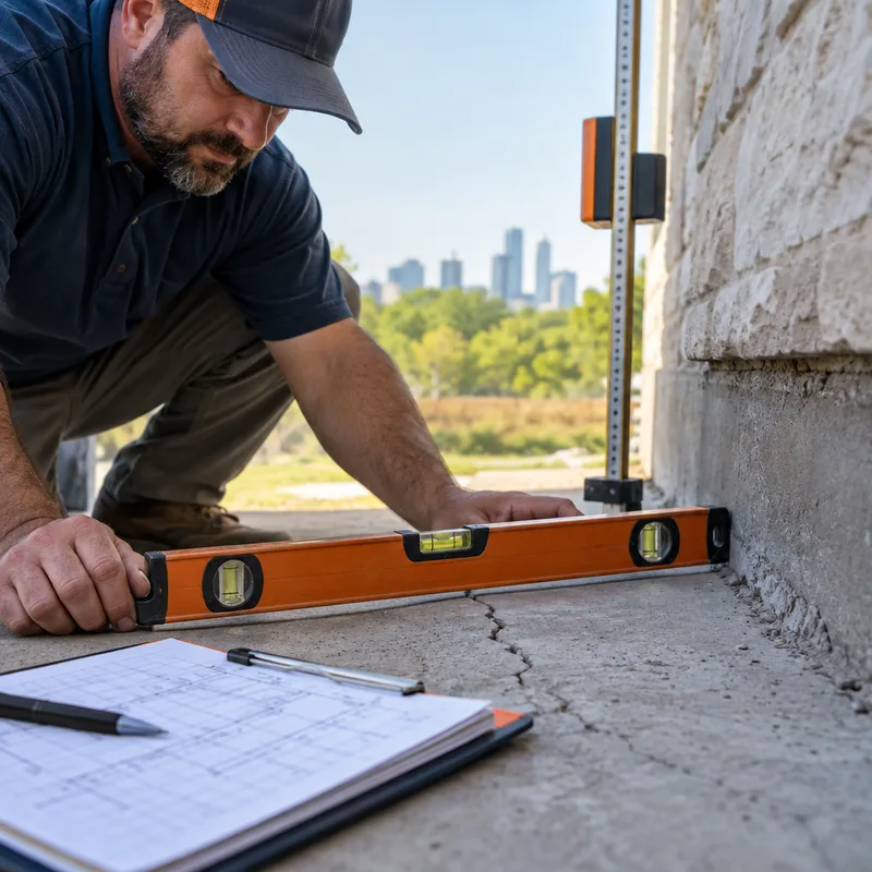Level and measuring equipment documenting slab elevation changes with crack mapping notes on a clipboard