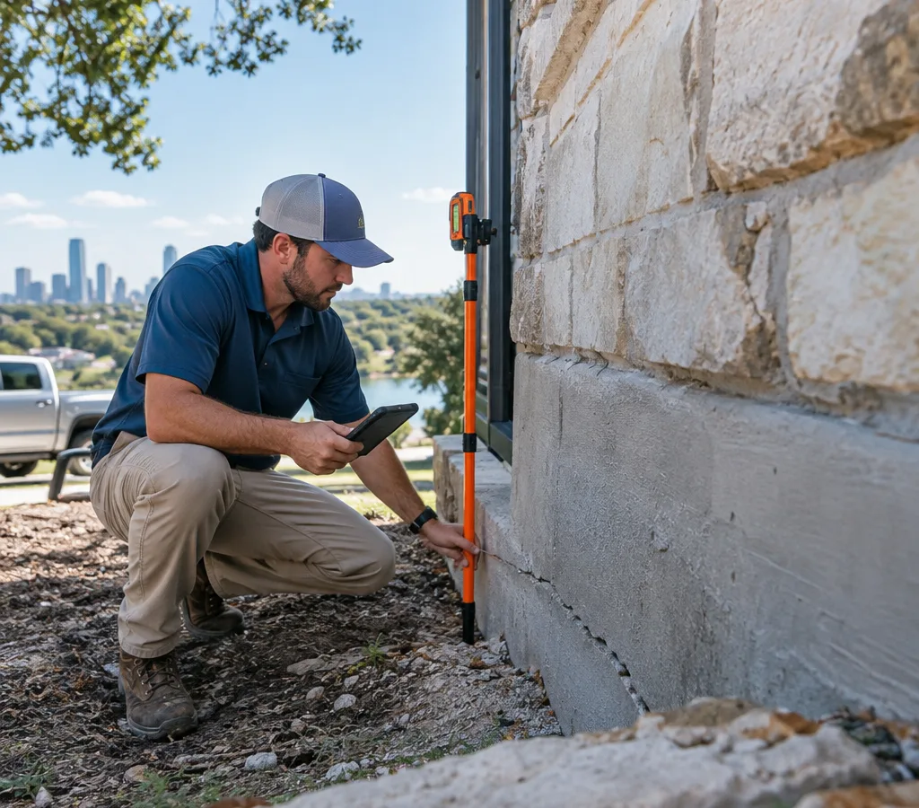 Technician inspecting a residential concrete foundation perimeter in Austin, taking elevation readings and documenting visible cracking near a slab edge
