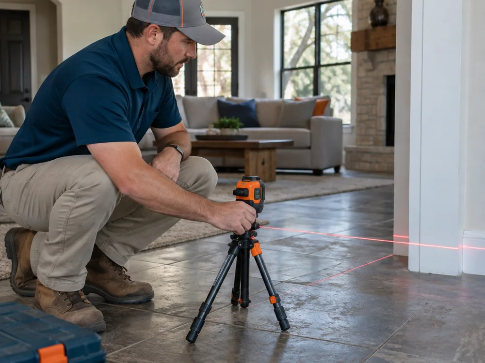 Technician checking interior floor elevations with a laser level and documenting low spots near doorways