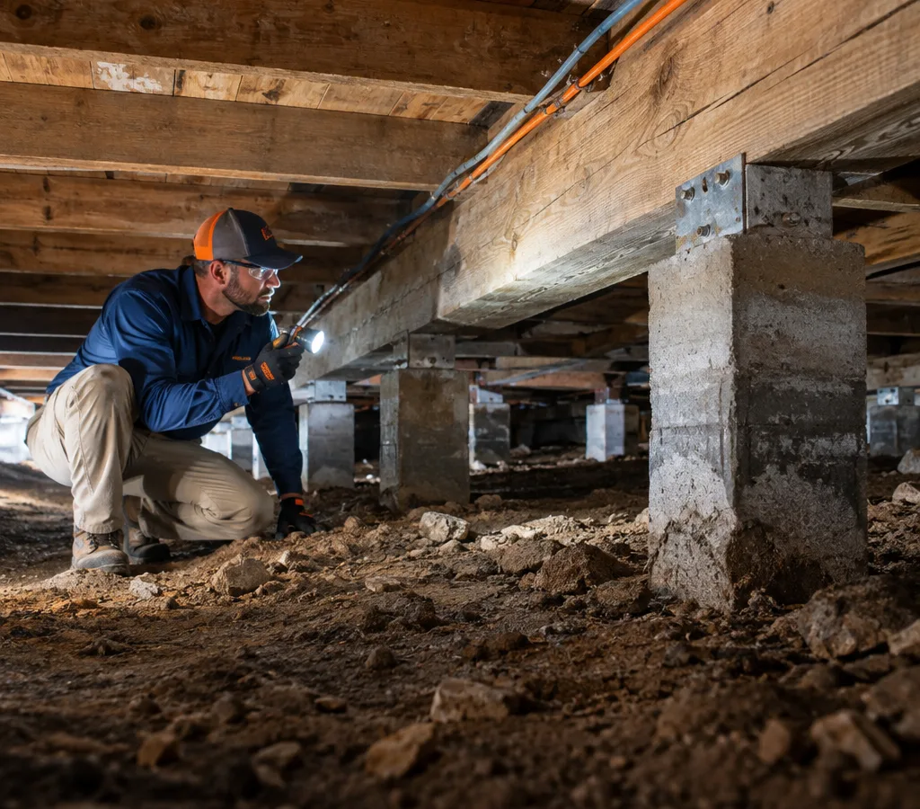 Technician inspecting piers, beams, and soil conditions in an Austin-area crawl space
