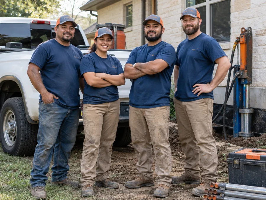 Foundation repair crew beside a service truck at an Austin residential jobsite